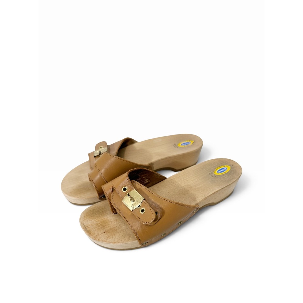 Dr. Scholls Pescura Vintage Wood Block ItalyTan Leather Slide Sandals Size 9